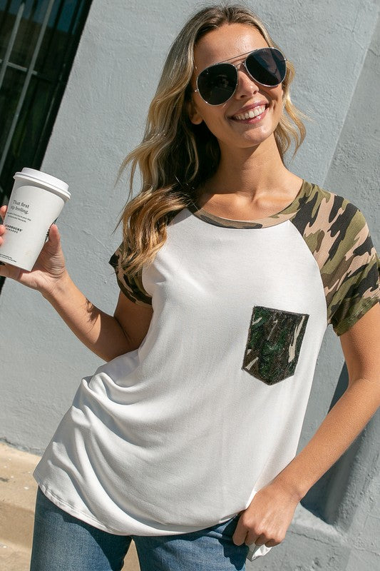 SOLID CAMO SEQUINS POCKET TOP