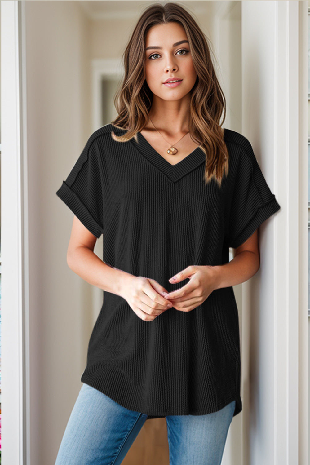 Textured V-Neck Short Sleeve Top