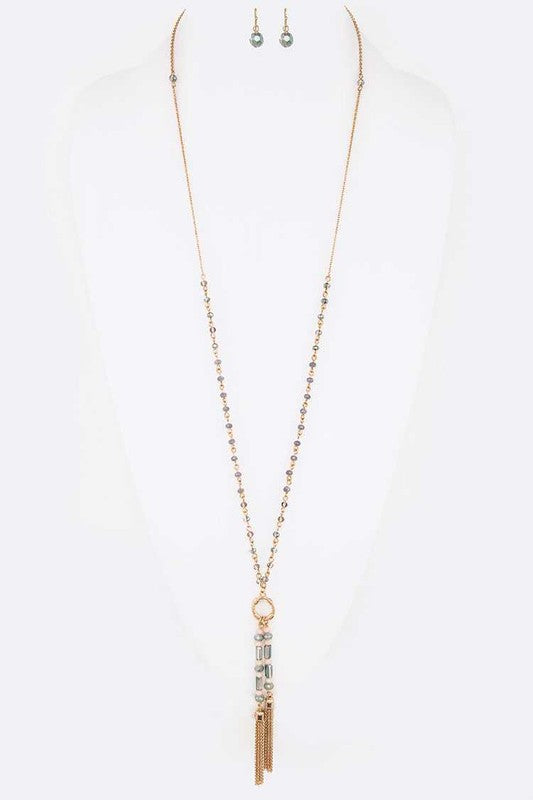 Mix Crystal Toggle Chain Tassel Necklace Set