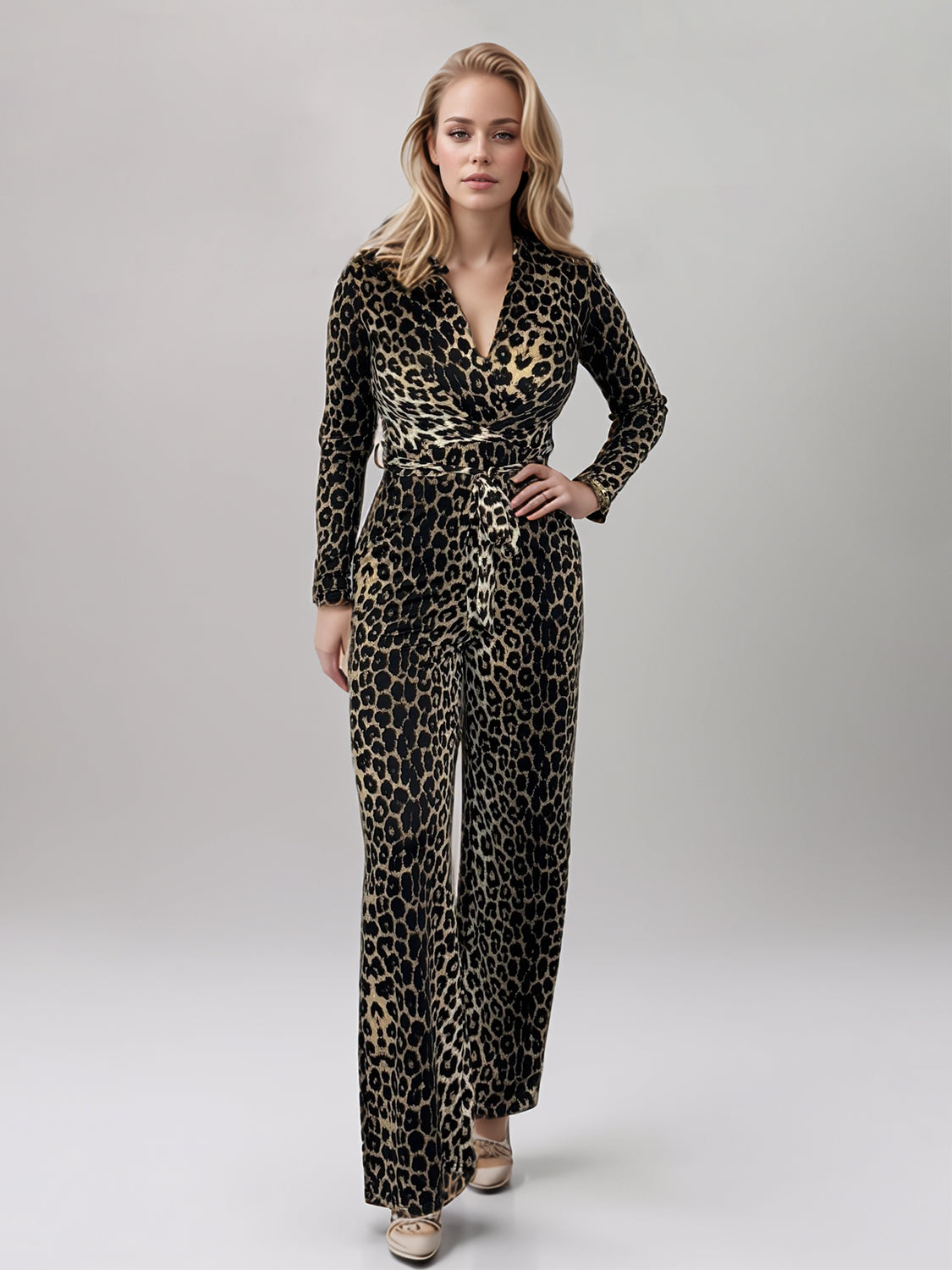 Full Size Leopard Tie Waist Long Sleeve Jumpsuit Plus Size