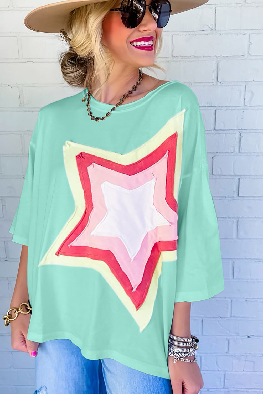 Moonlight Jade Colorblock Star Patched Half Sleeve Oversized Tee