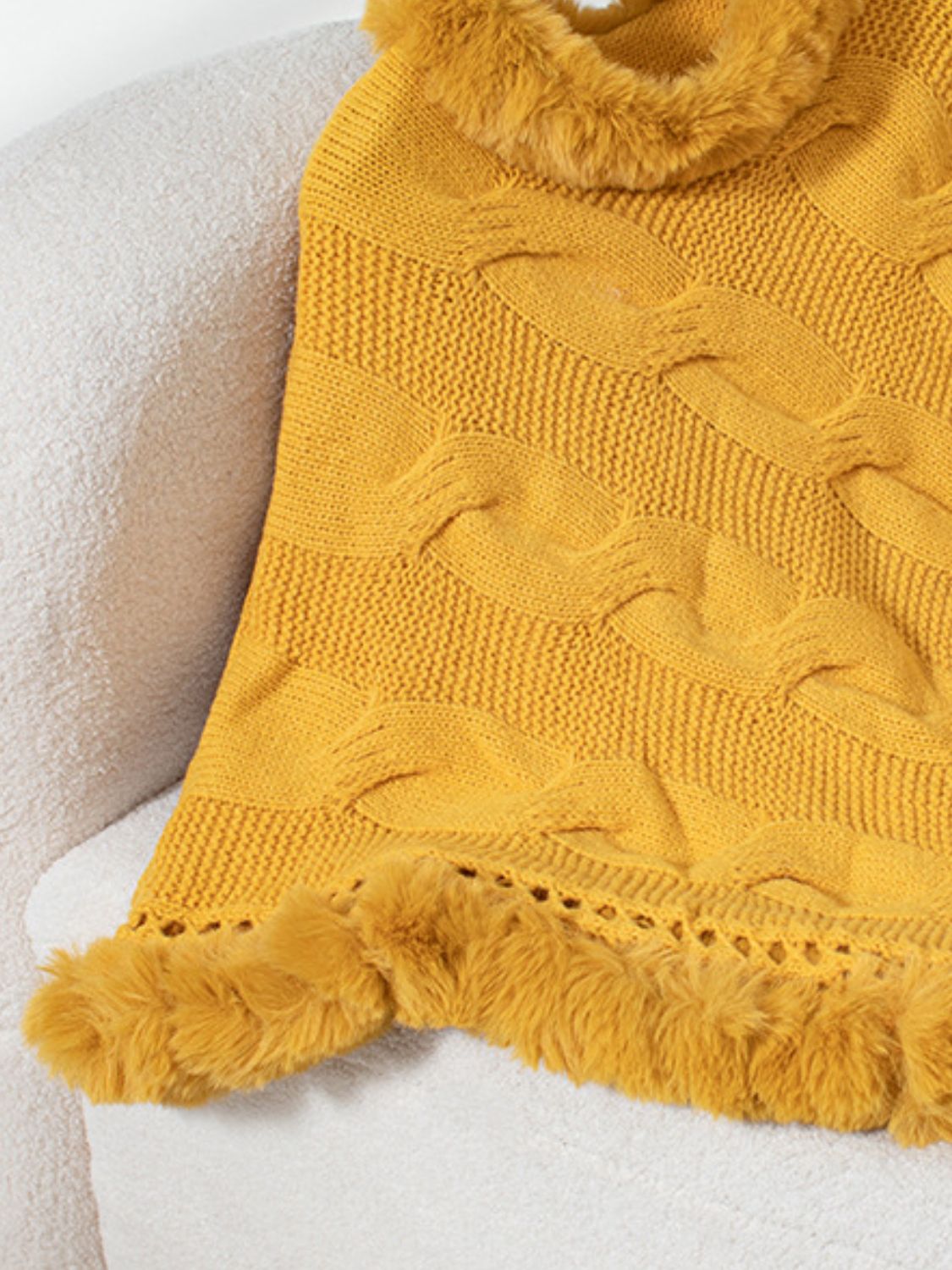 Fuzzy Hem Cable-Knit Poncho