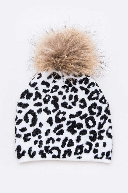 Mix Print Raccoon Fur Pom Iconic Beanie