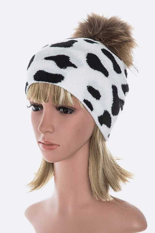 Mix Print Raccoon Fur Pom Iconic Beanie