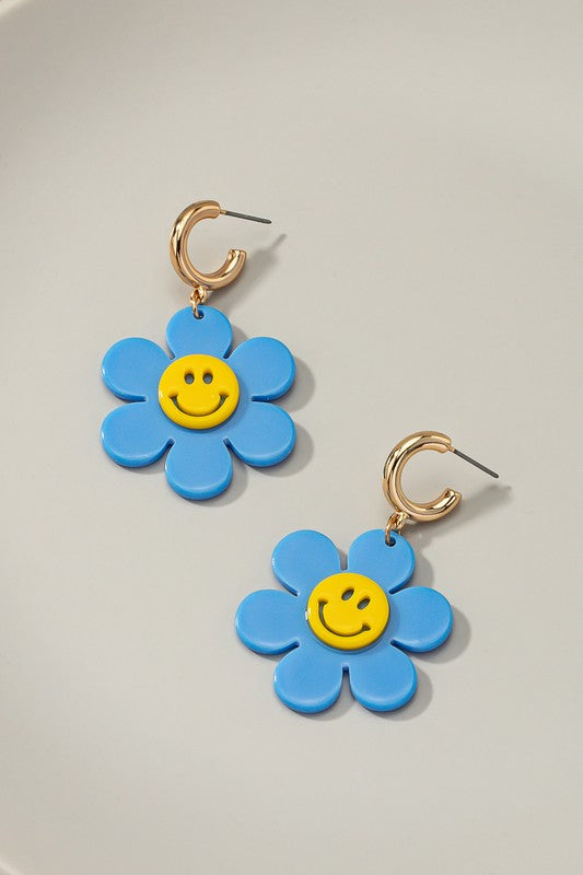 Huggie hoop dangling flower smiley face earrings