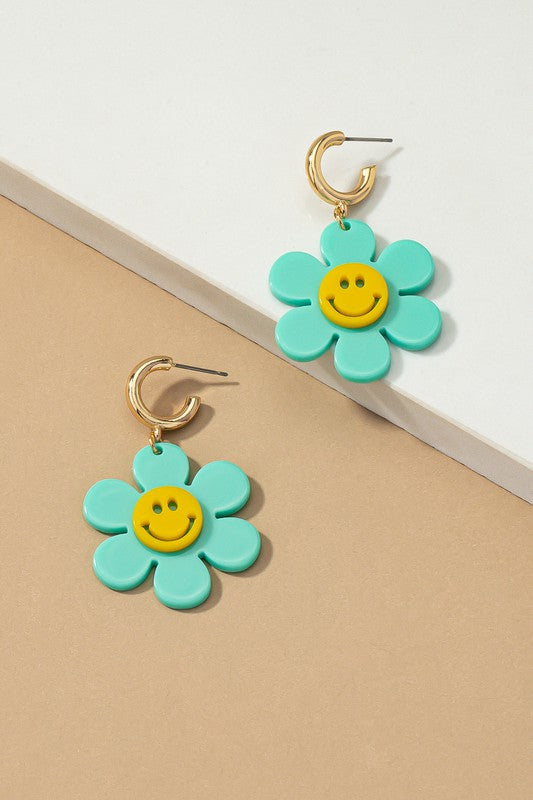 Huggie hoop dangling flower smiley face earrings