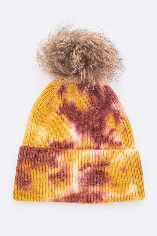 Tie Dyed Natural Raccoon Fur Pom Beanie