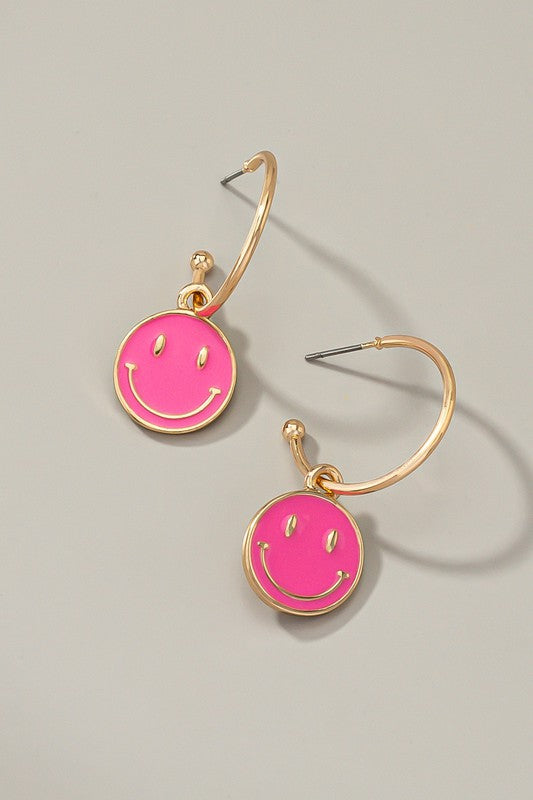 Smiley face charm hoop earrings