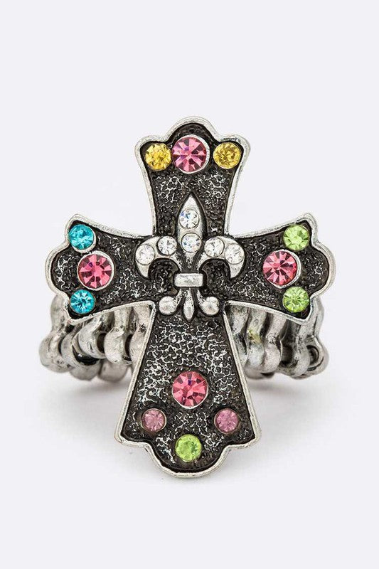 Crystal Cross Feur De Lis Stretch Ring