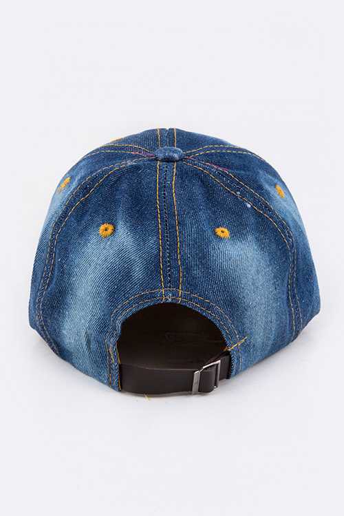 Crystal Pave Weed Leaf Denim Cap