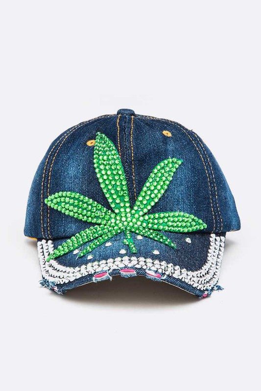 Crystal Pave Weed Leaf Denim Cap