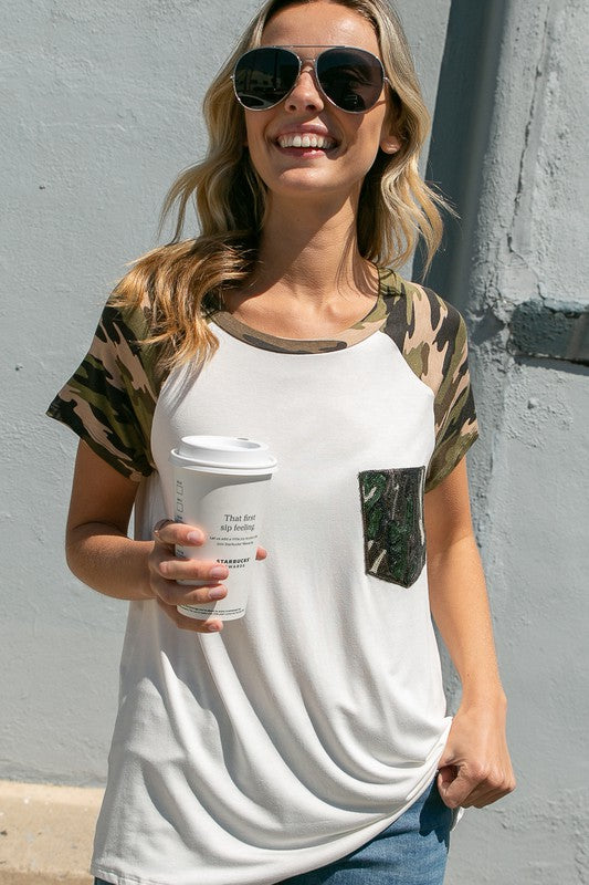 SOLID CAMO SEQUINS POCKET TOP