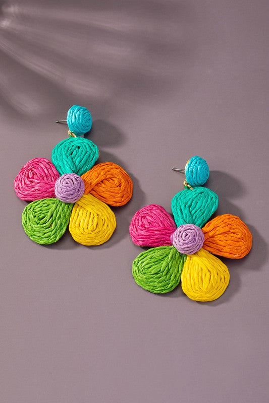 Large raffia straw flower drop earrings