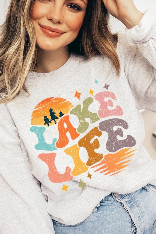 Retro Lake Life Graphic Fleece Sweatshirts