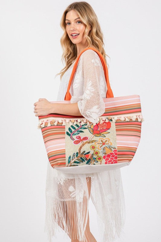 Various Flower and Tassel Beaded Tote Bag