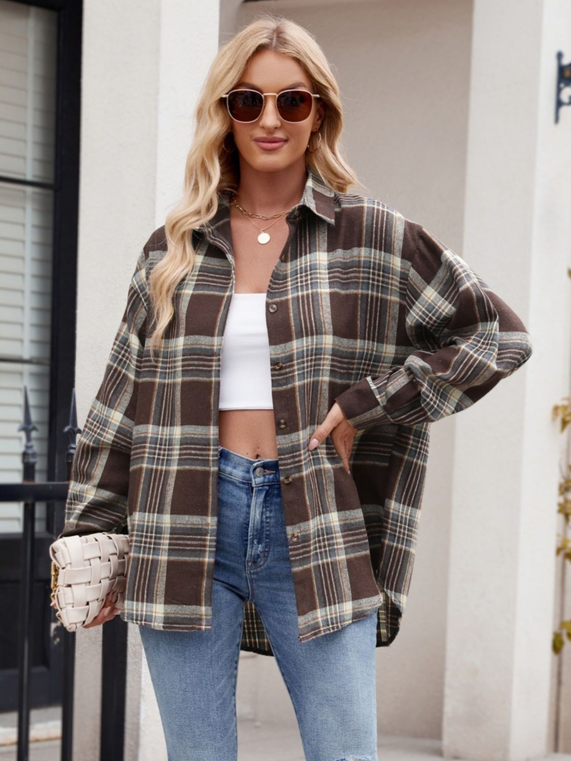 Pocketed Plaid Collared Neck Long Sleeve Shirt