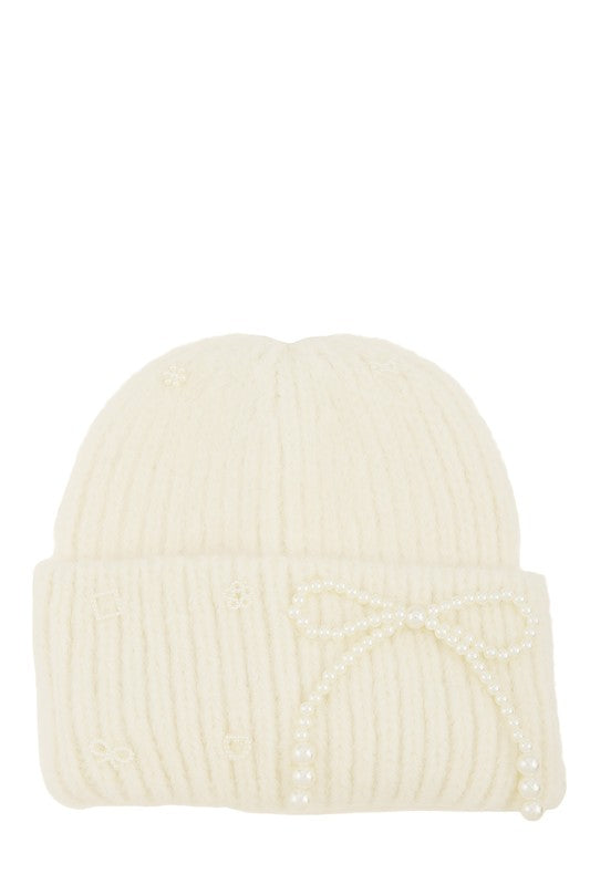 Knitted Beanie Hat with Pearl Ribbon Accent