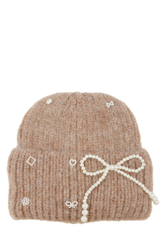 Knitted Beanie Hat with Pearl Ribbon Accent