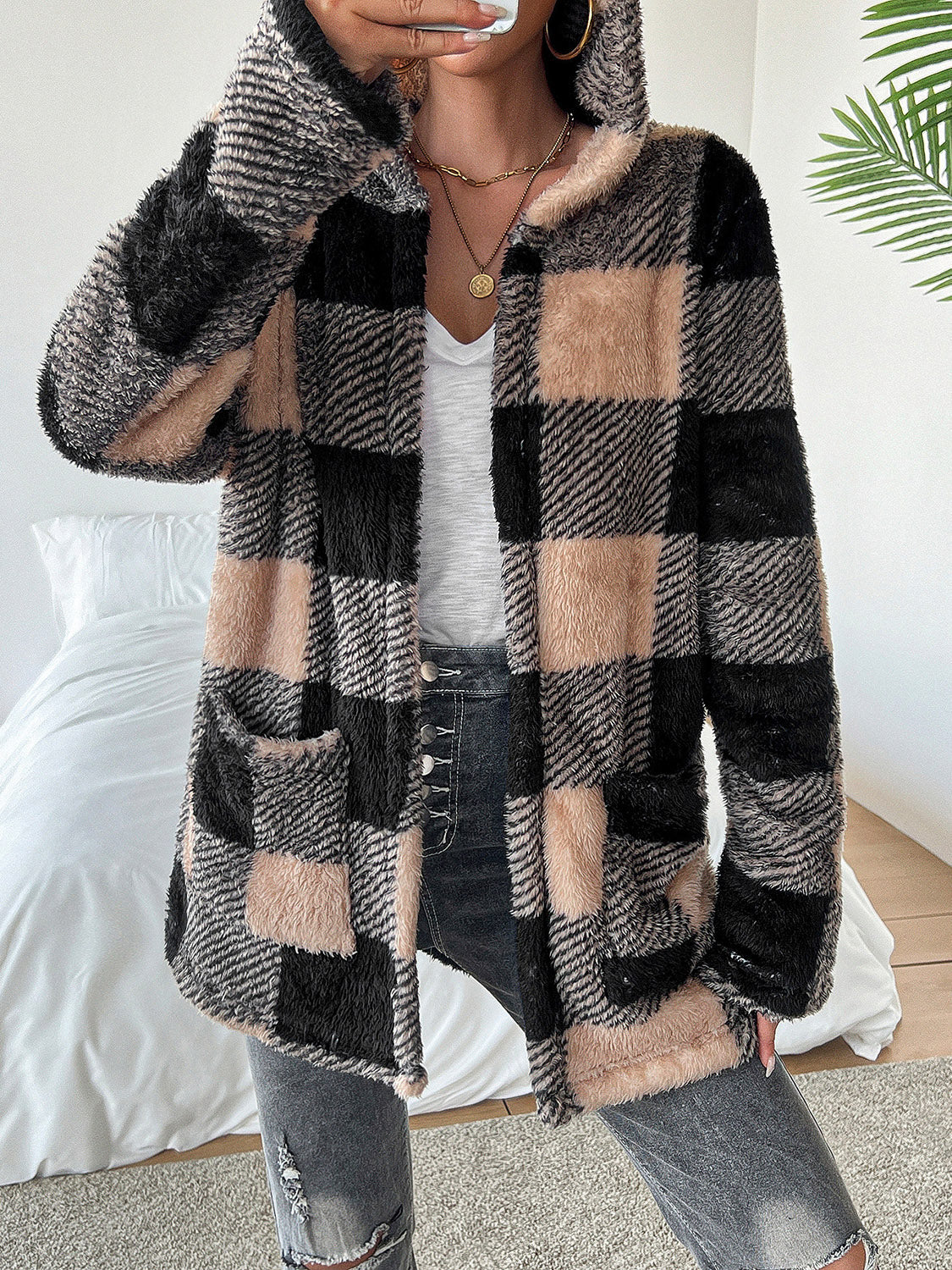 Devine Fuzzy Plaid Open Front Hooded Jacket