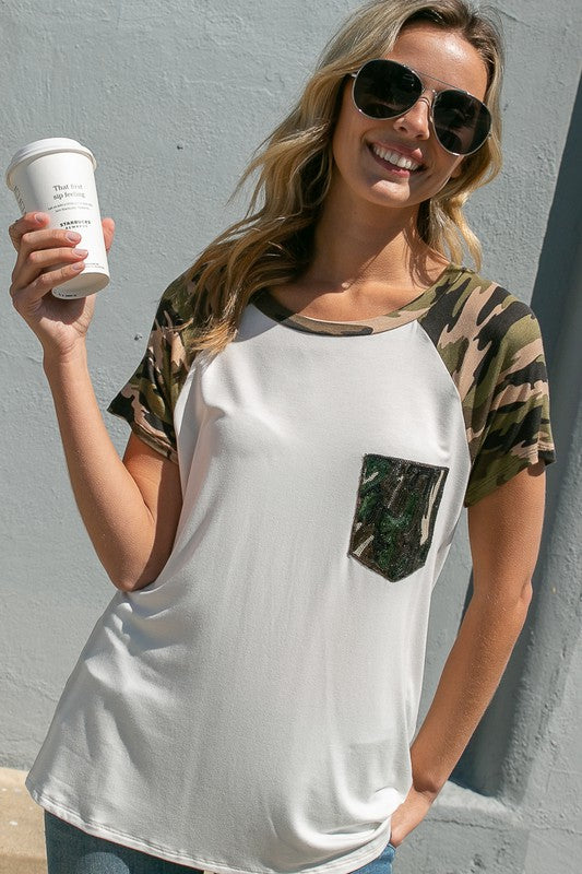 SOLID CAMO SEQUINS POCKET TOP