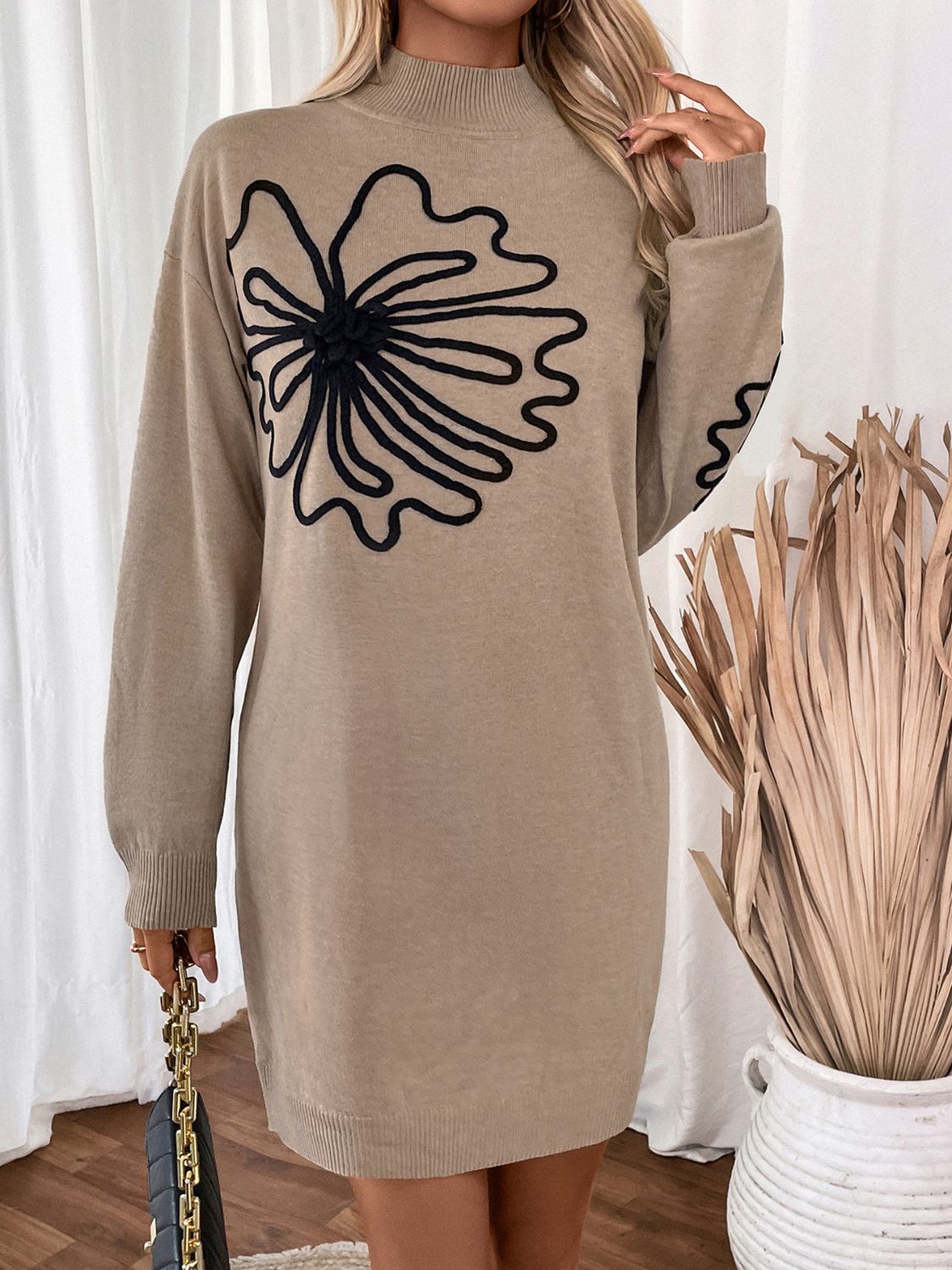 Perfee Flower Mock Neck Long Sleeve Sweater Dress