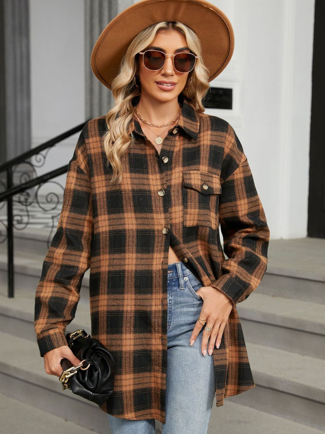 Plaid Collared Neck Long Sleeve Shirt