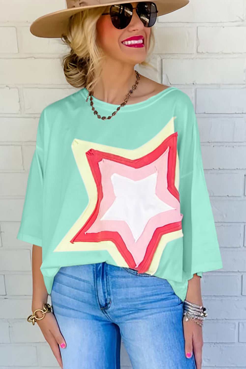 Moonlight Jade Colorblock Star Patched Half Sleeve Oversized Tee