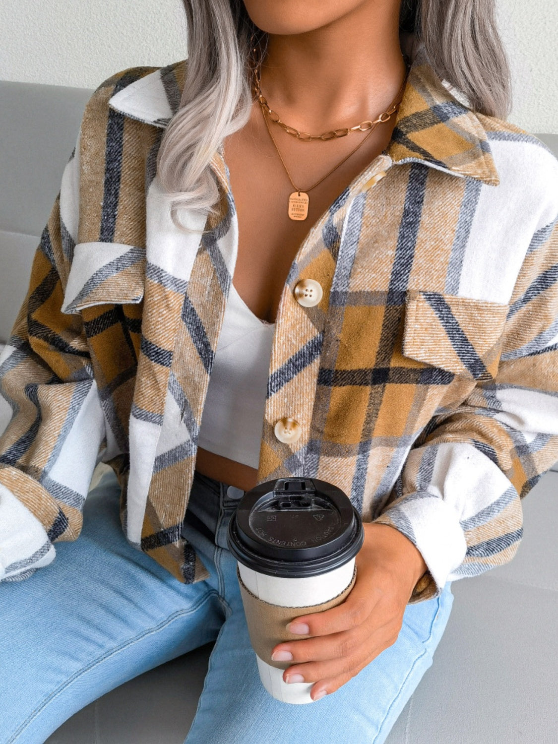 Plaid Collared Neck Long Sleeve Jacket