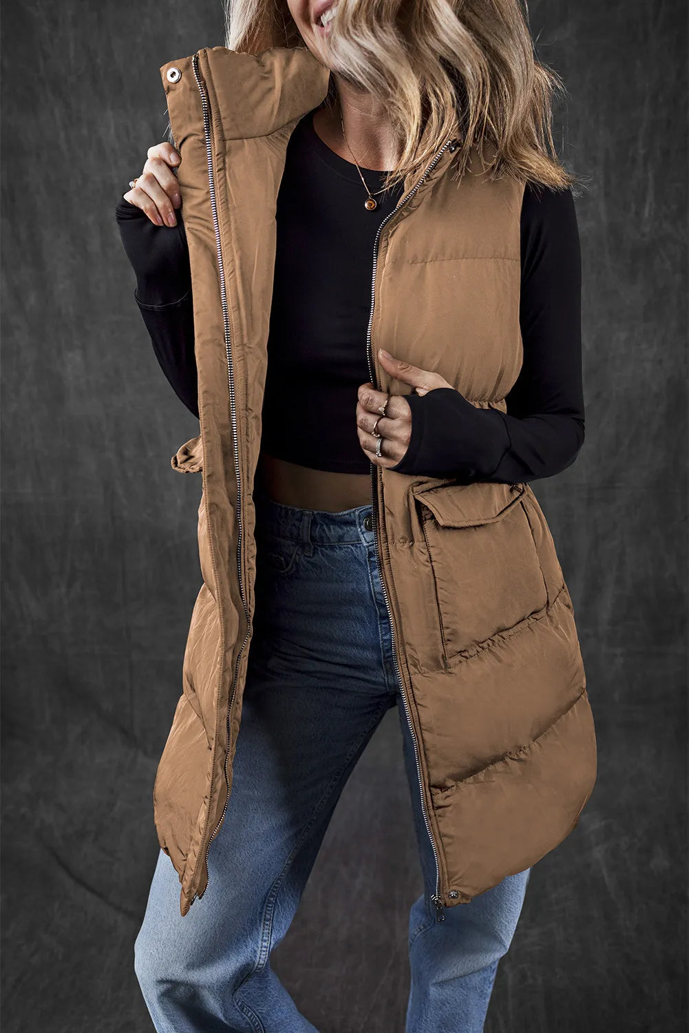 Pocketed Zip Up Vest Coat