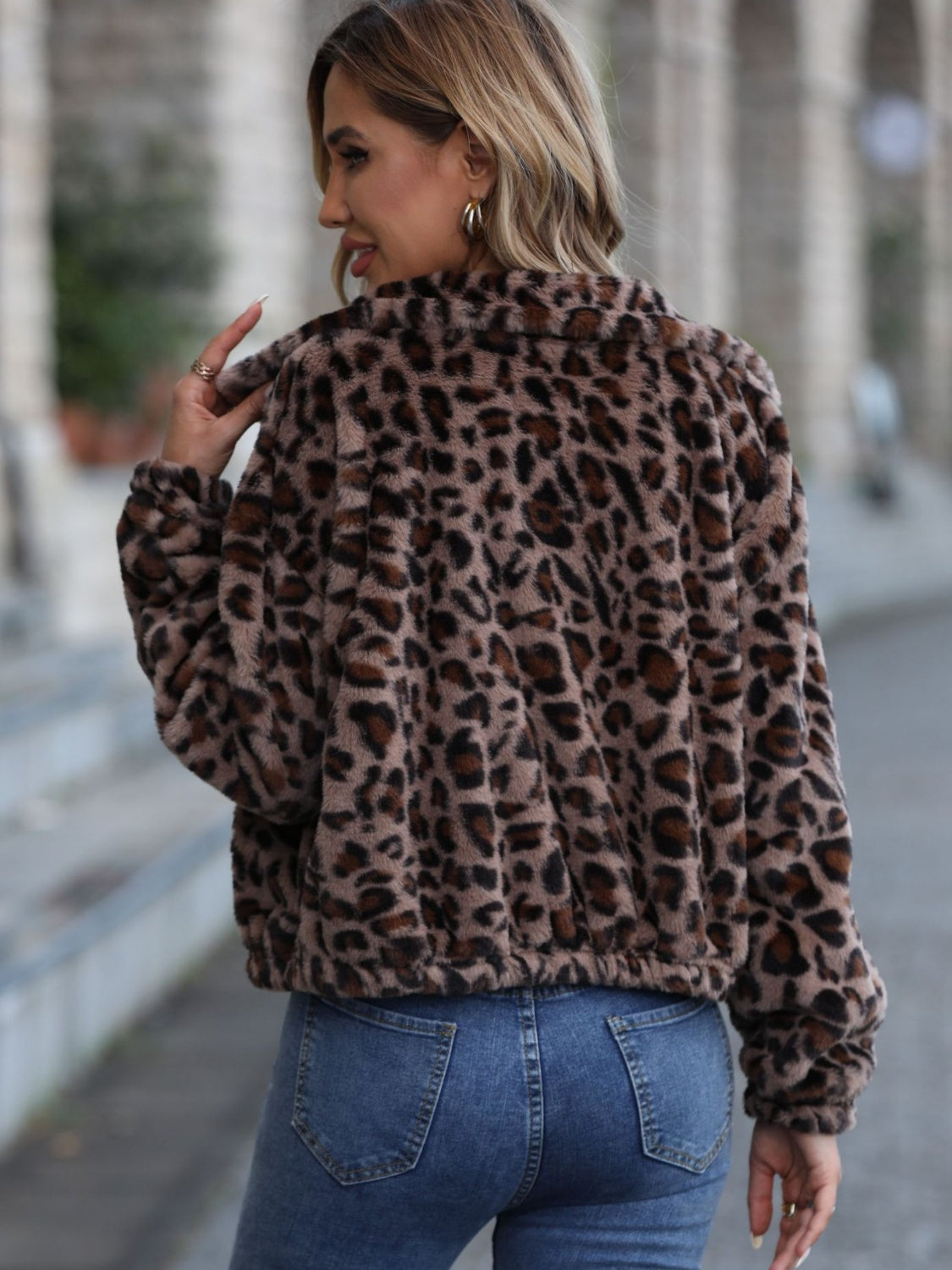 Leopard Collared Neck Zip Up Jacket