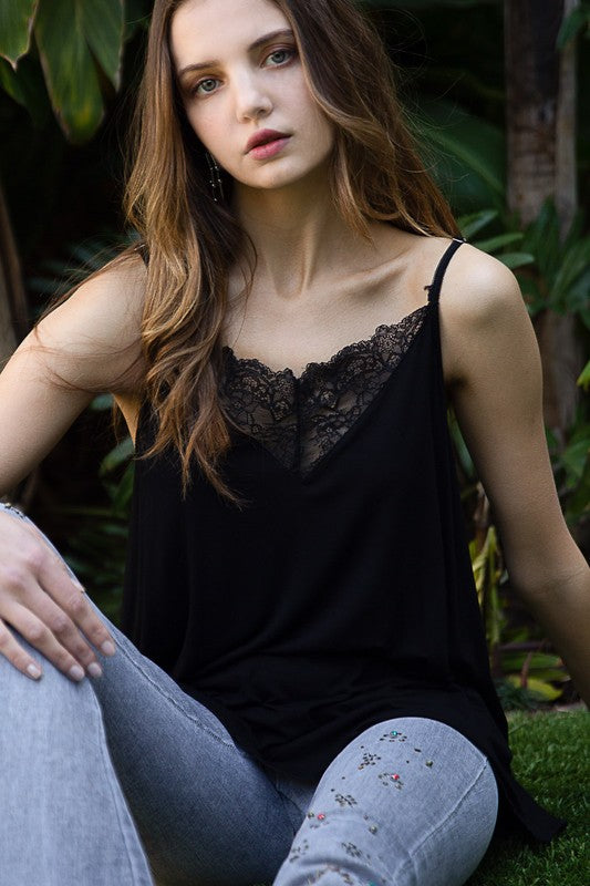 Adjustable Strap Lace Detail Cami Casual Tank Top in Black