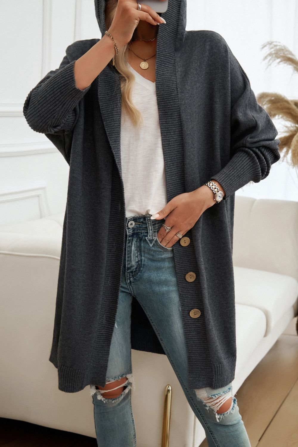 Button Up Long Sleeve Hooded Cardigan