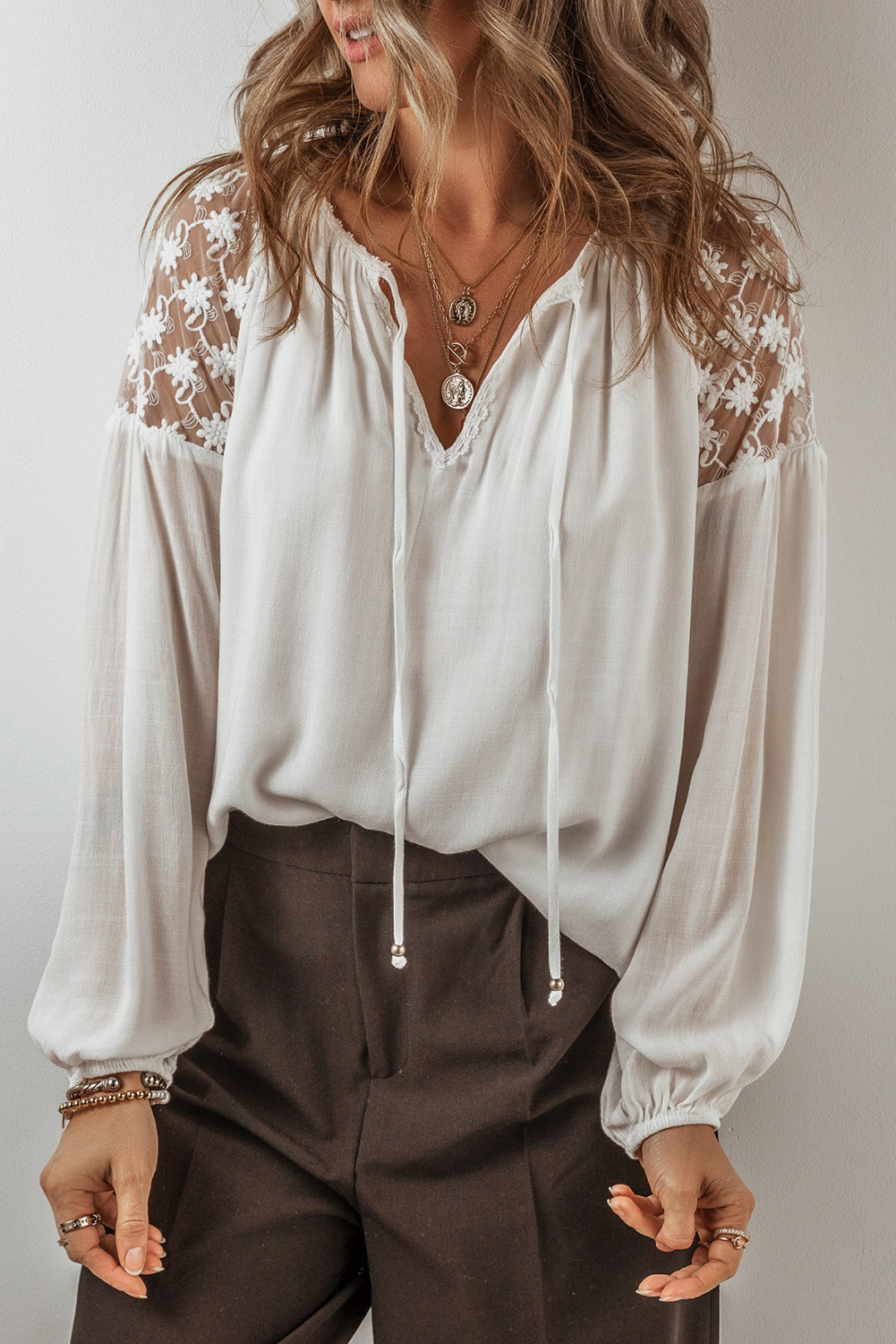 Lace Detail Tie Neck Long Sleeve Blouse