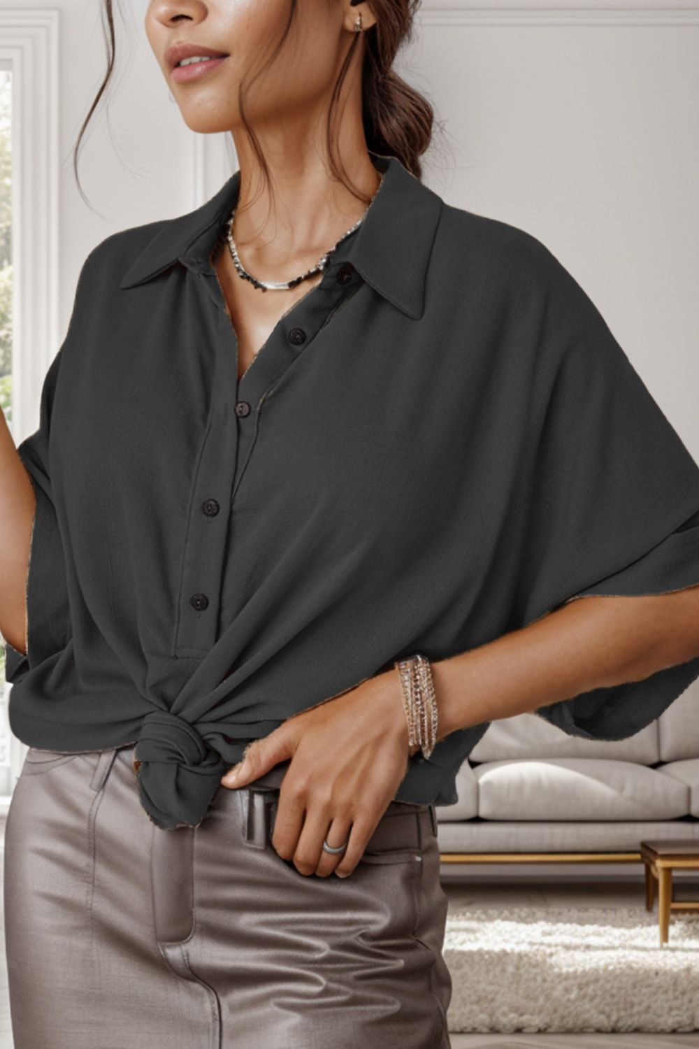 Half Button Collared Neck Half Sleeve Blouse