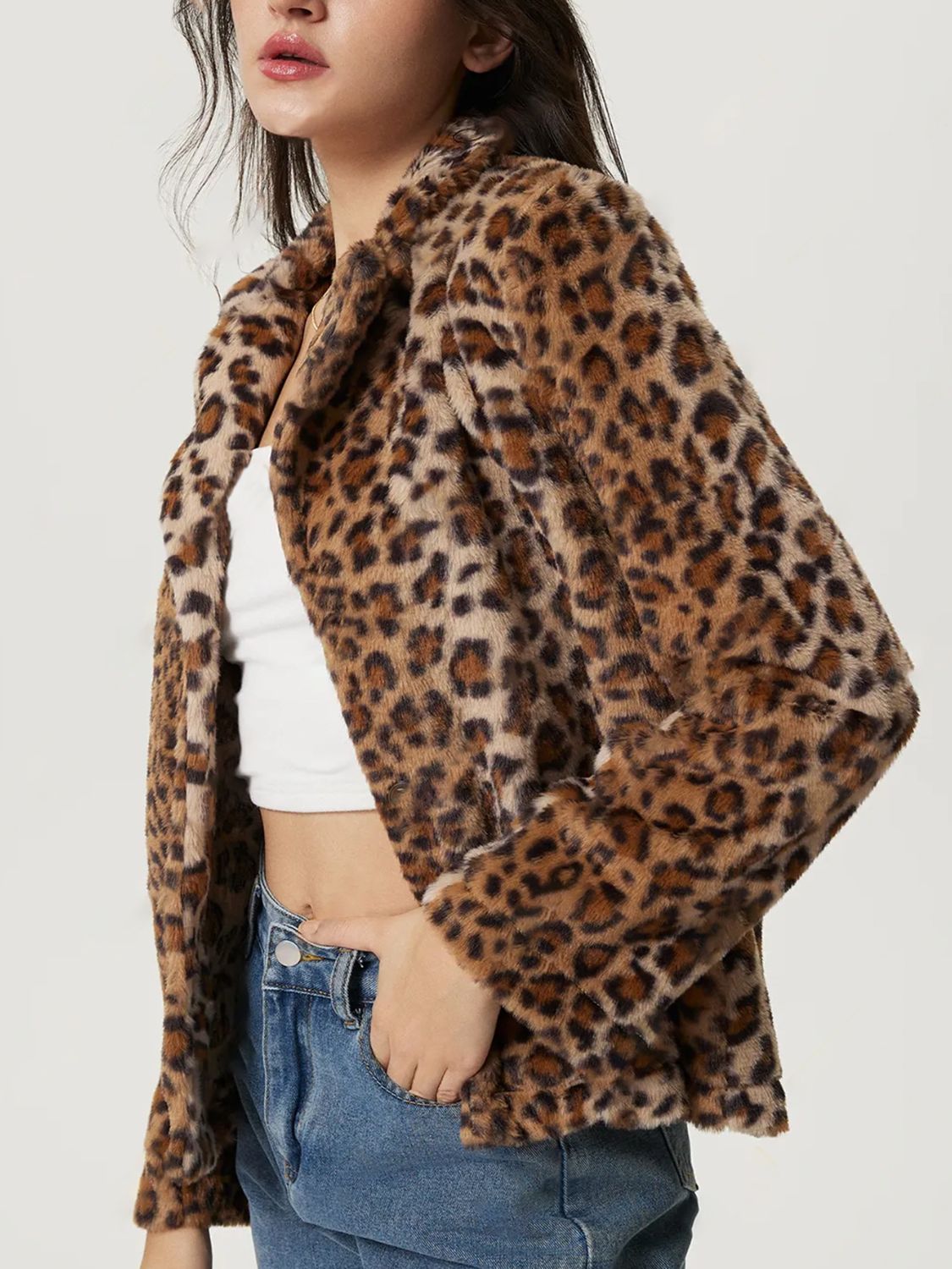 Fuzzy Leopard Collared Neck Jacket