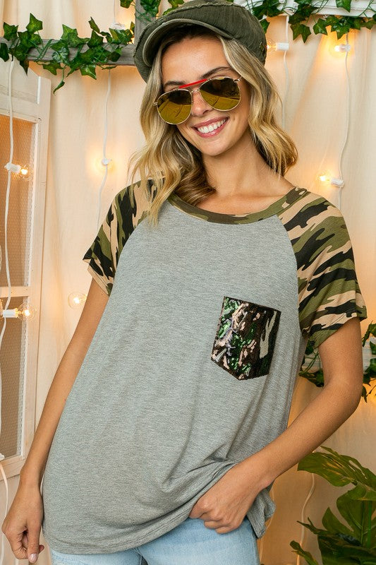 SOLID CAMO SEQUINS POCKET TOP