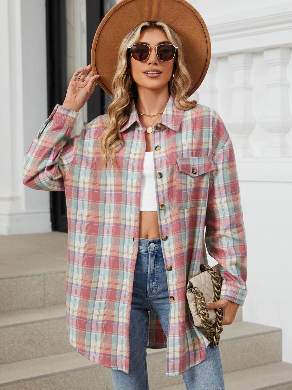 Plaid Collared Neck Long Sleeve Shirt