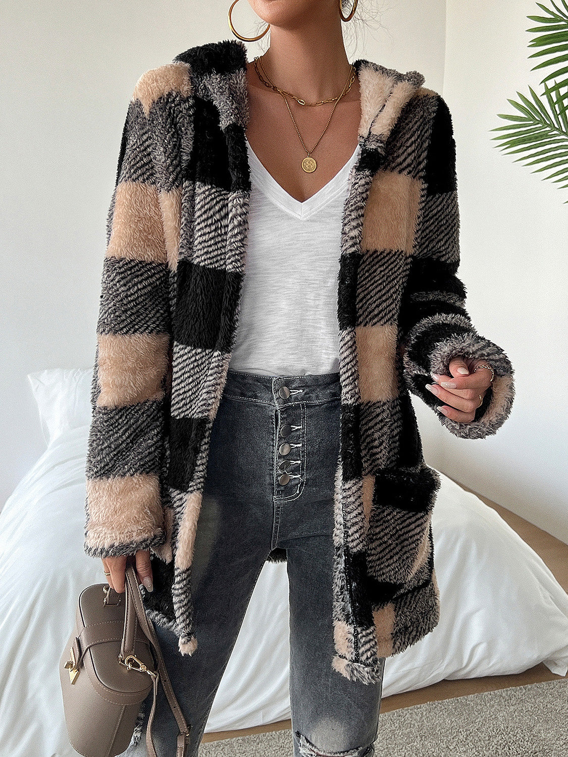 Devine Fuzzy Plaid Open Front Hooded Jacket