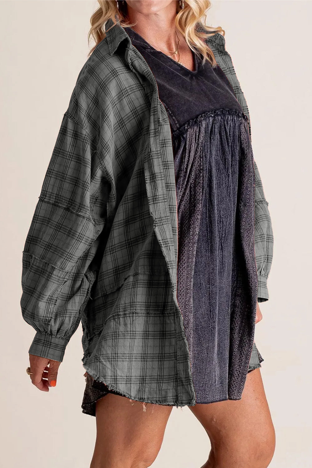 Exposed Seam Plaid Collared Neck Long Sleeve Shirt