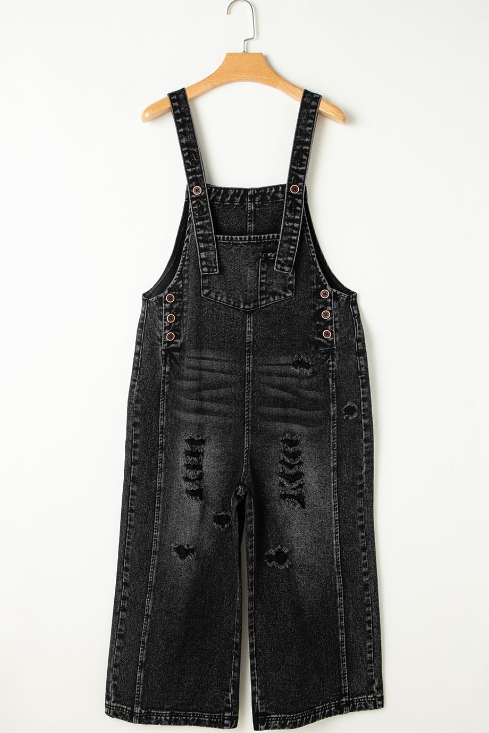 Distressed Wide Strap Denim Overalls