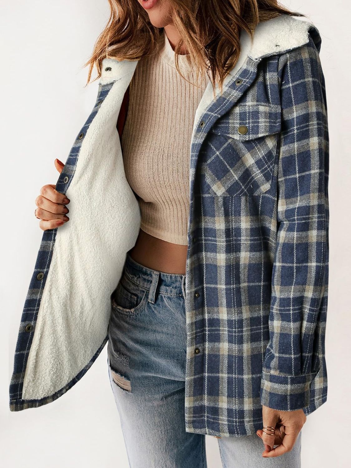 Plaid Snap Down Plush Hooded Jacket