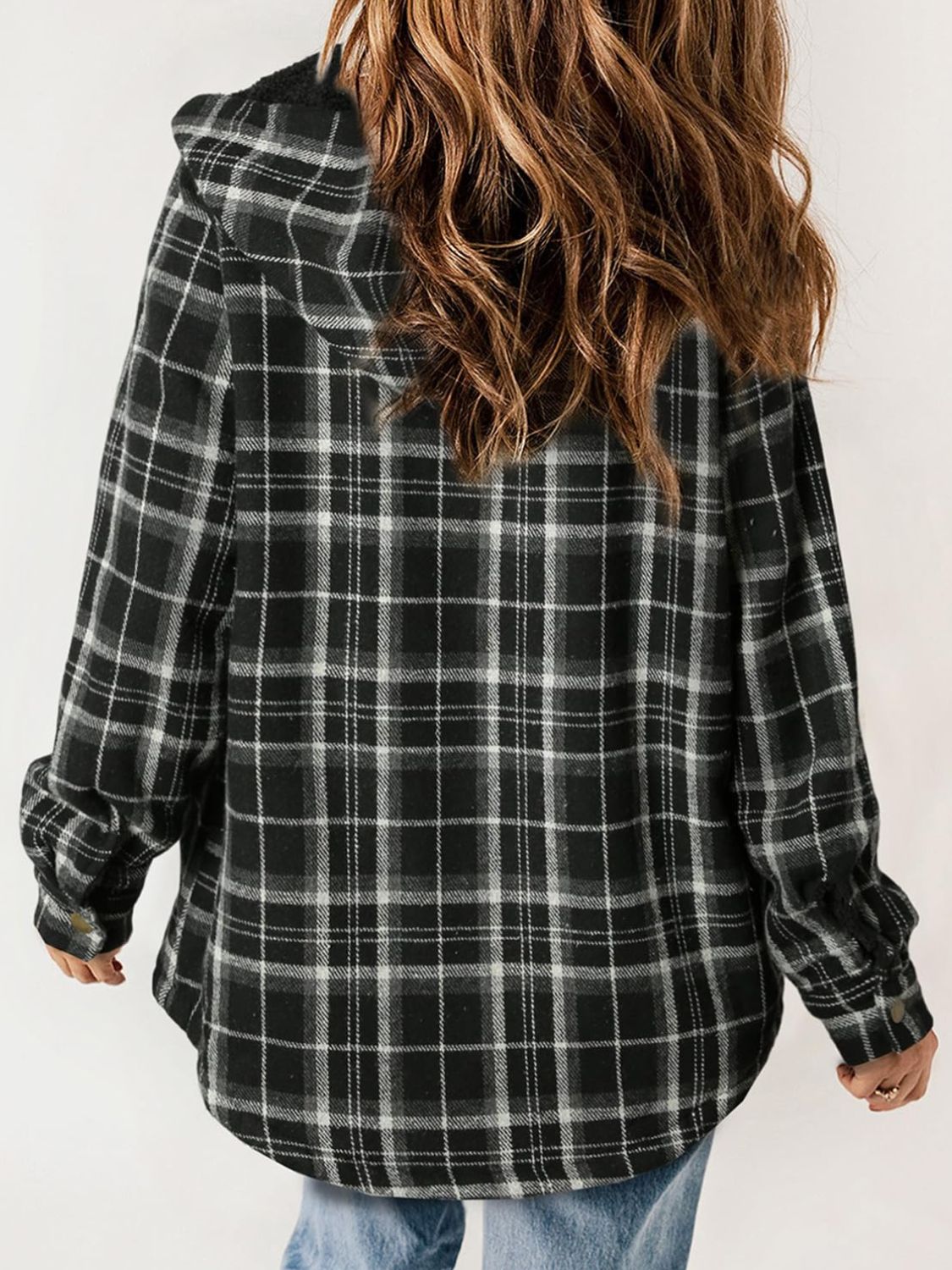 Plaid Snap Down Plush Hooded Jacket