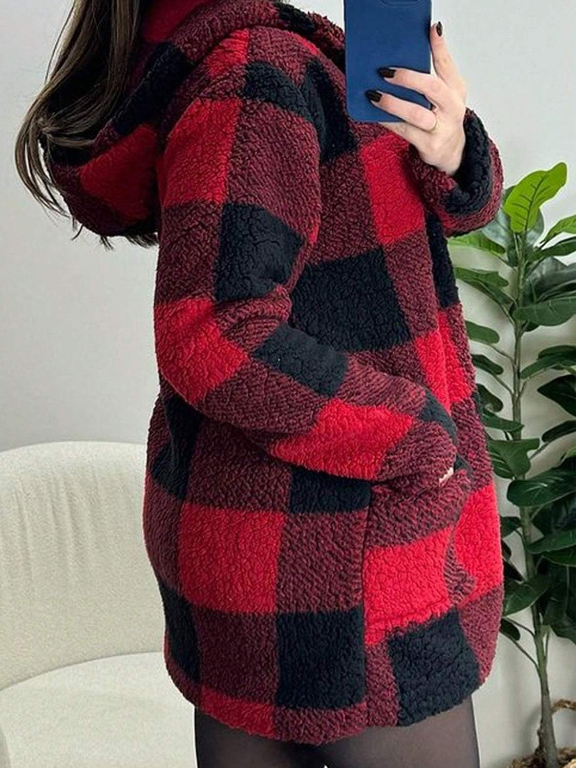 Devine Fuzzy Plaid Open Front Hooded Jacket