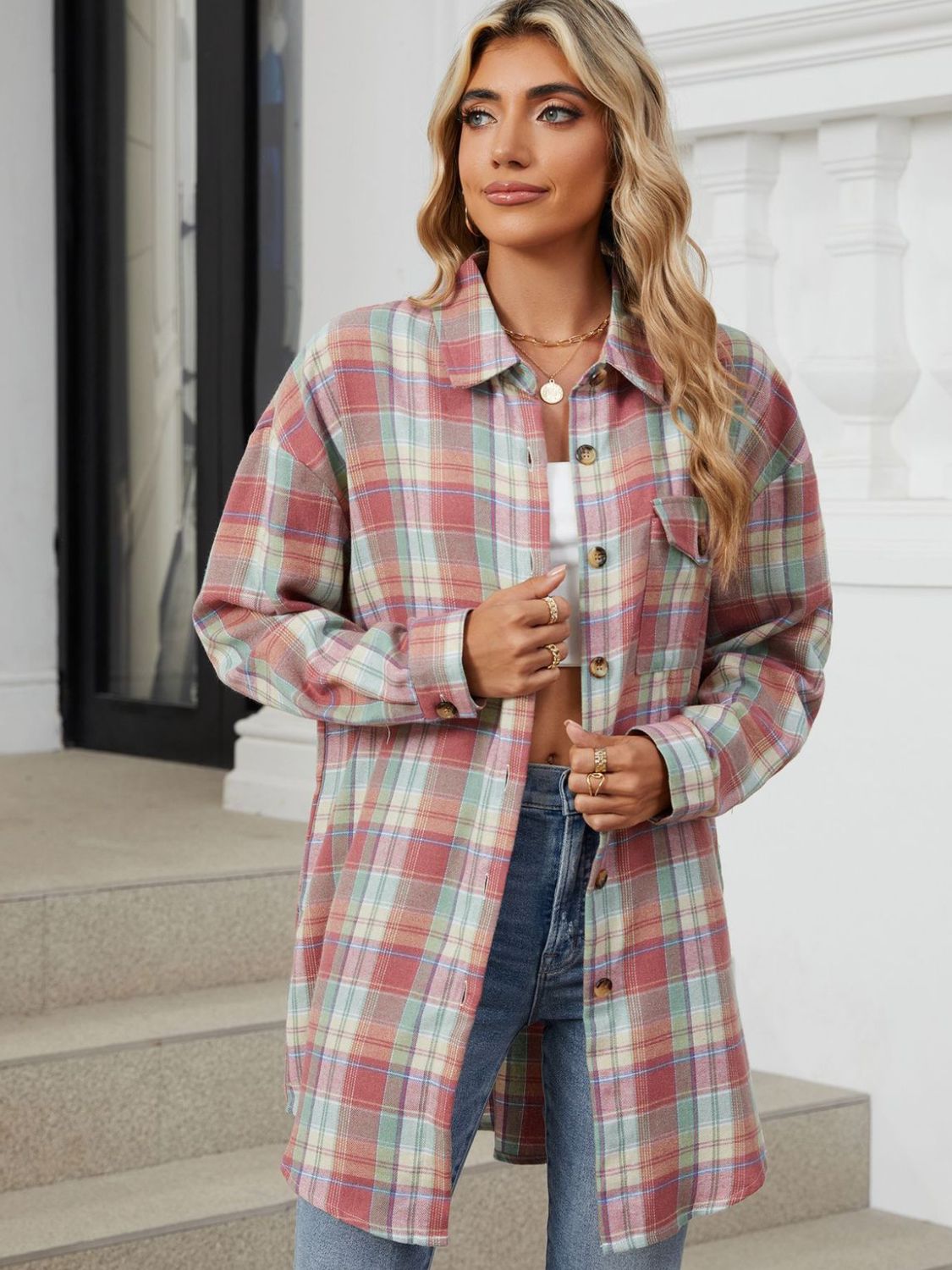 Plaid Collared Neck Long Sleeve Shirt