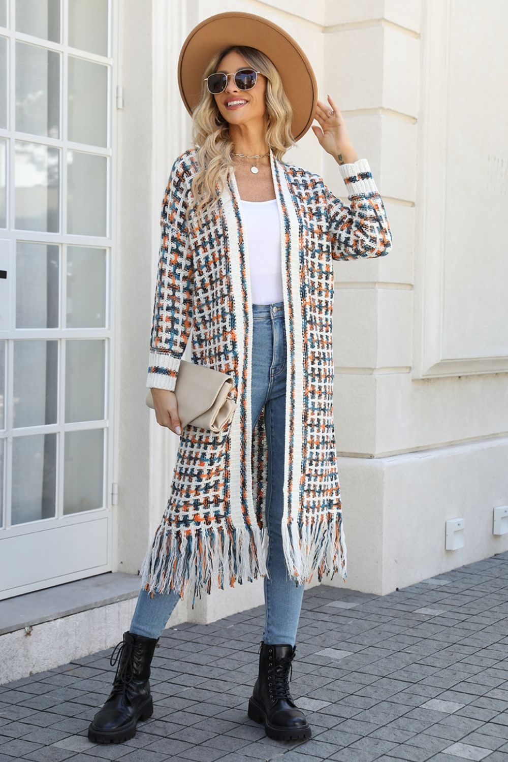 Multicolored Open Front Fringe Hem Cardigan