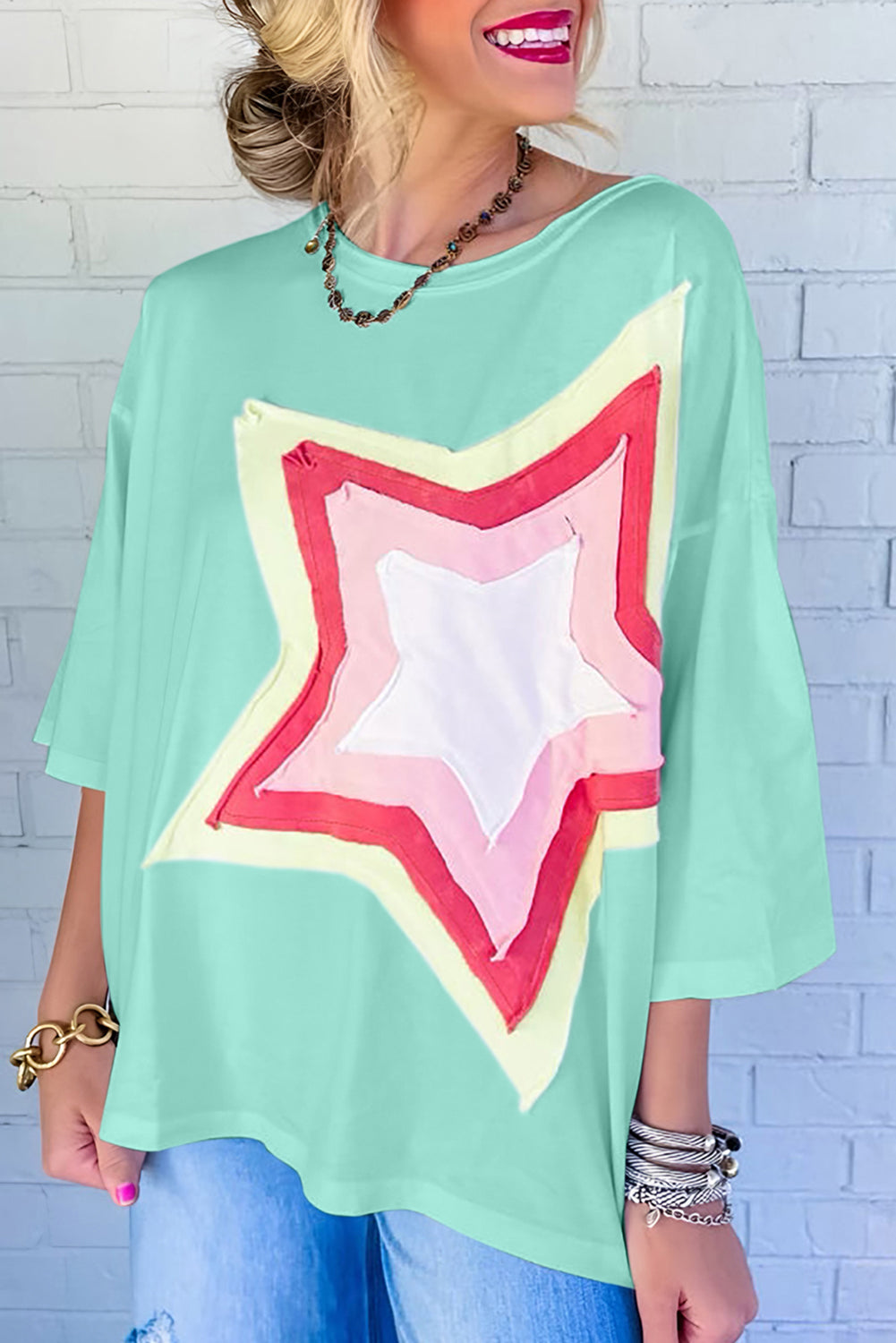 Moonlight Jade Colorblock Star Patched Half Sleeve Oversized Tee