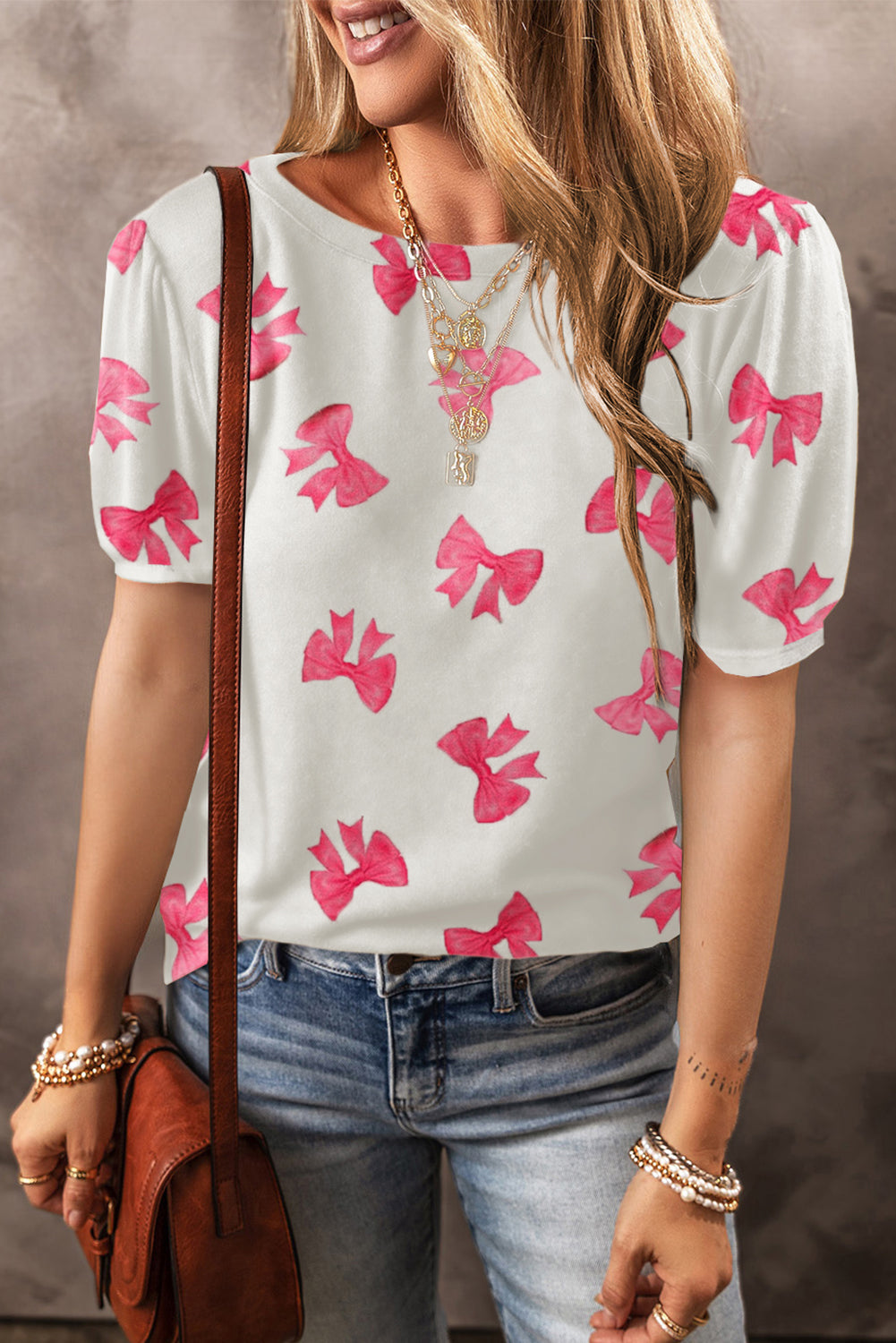 Bow Round Neck Short Sleeve Blouse