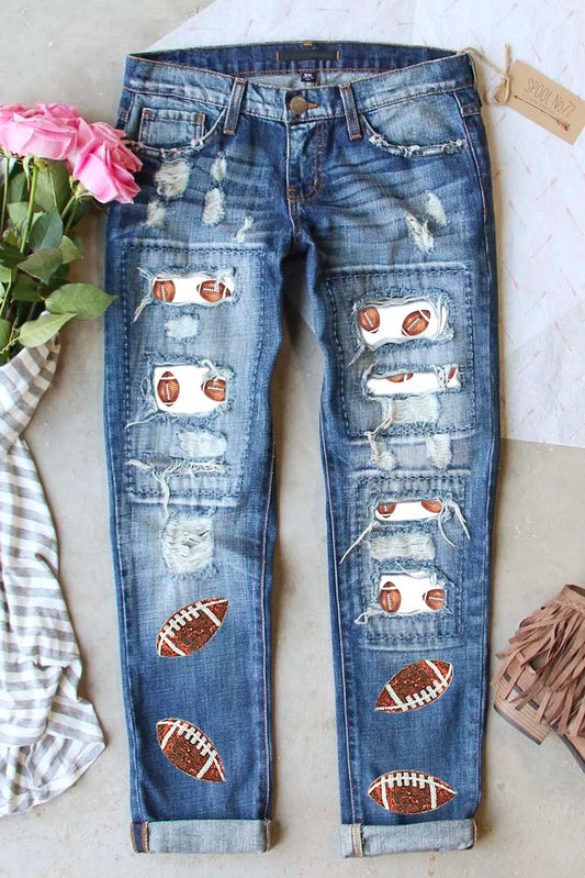 Distressed Football Straight Jeans