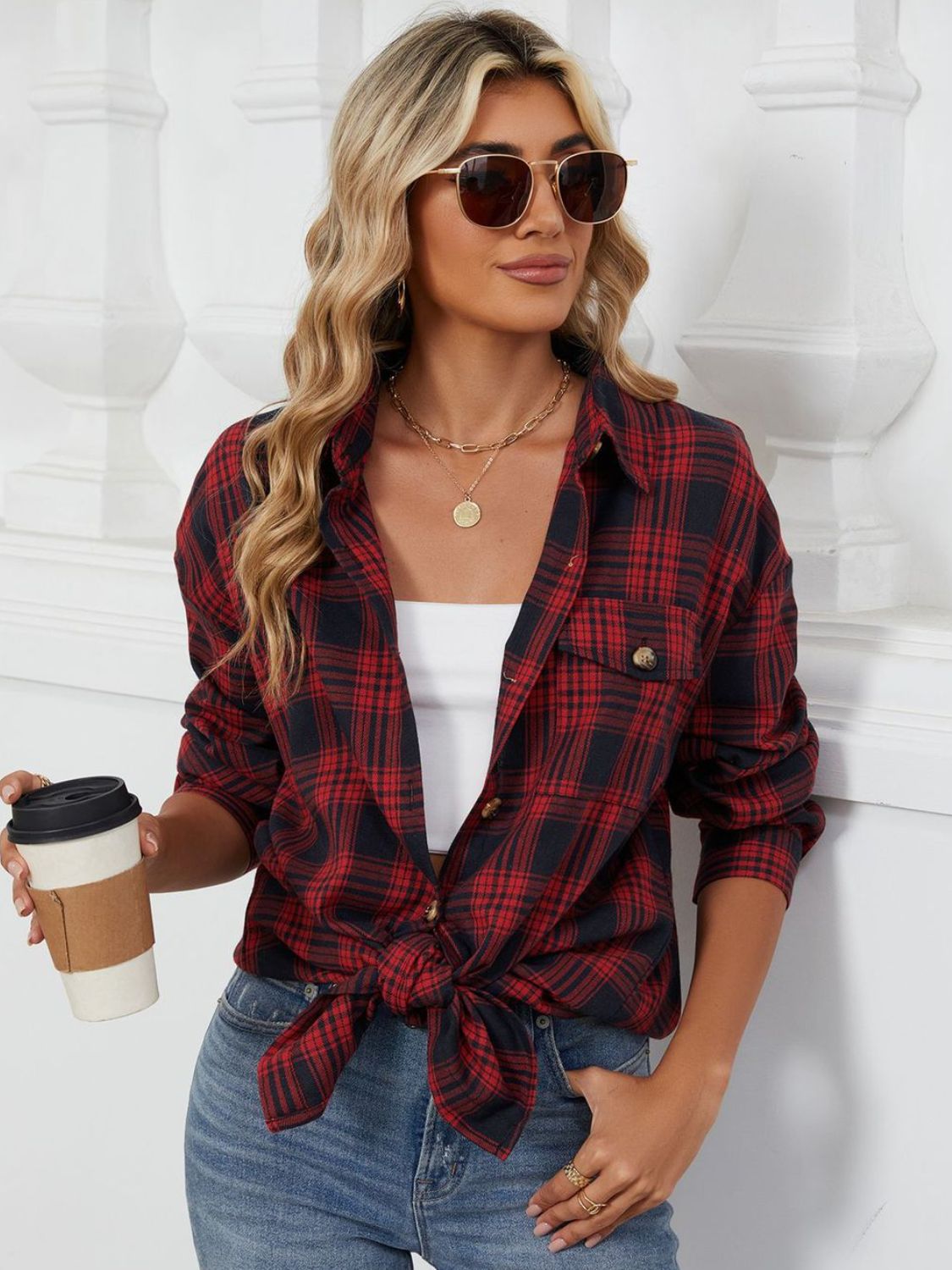 Plaid Collared Neck Long Sleeve Shirt