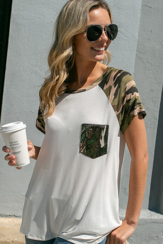 SOLID CAMO SEQUINS POCKET TOP